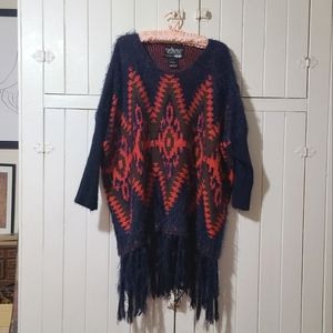 Cozy Drop Shoulder Oversized Southwestern Fringe Fuzzy Sweater Size L